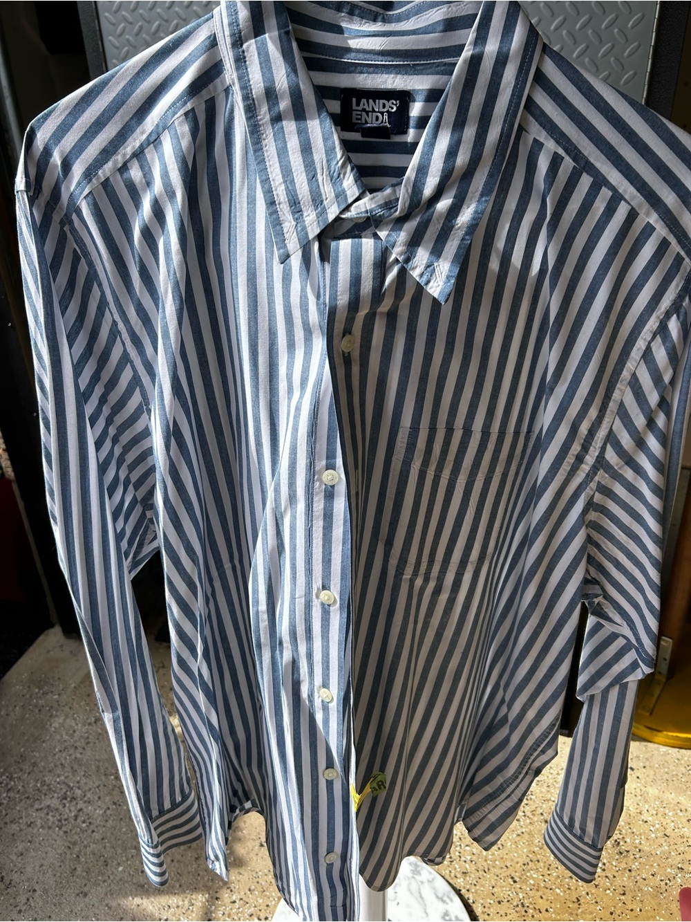 Lands' End Men’s Navy and White Vertical Stripe Dress Shirt